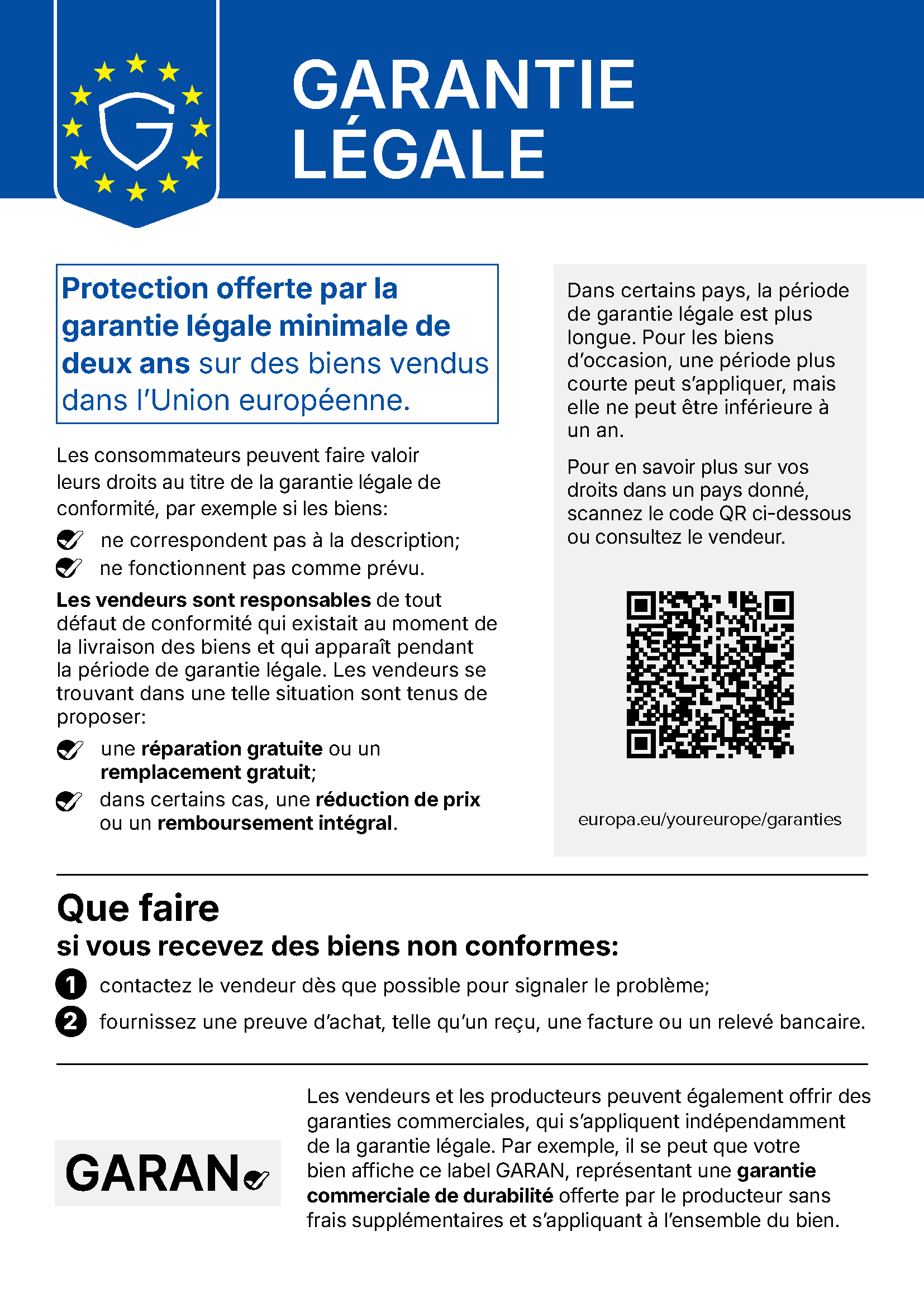 Protection offerte par la garantie légale minimale de deux ans sur des biens vendus dans l’Union européenne – avis harmonisé de l’UE sur la garantie légale.